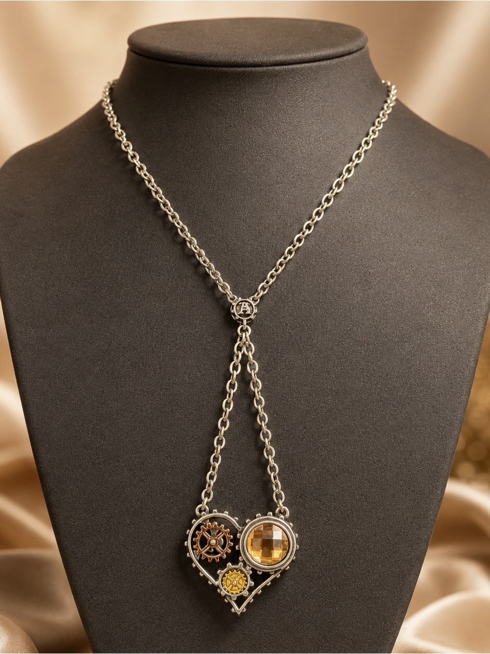 Heart Pendant Lariat Necklace with Gold-Tone Accents